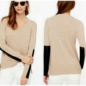 J Crew Women's Tan Black Leather Elbow Patch Edgy Cashmere Sweater